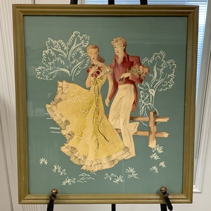 Pair Art Deco Prints Stylized Man Woman Framed Wall Decor Pictures Antique Bernard Co Hollywood Regency