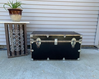 SOLD Vintage Steamer Trunk Chest Metal Tray Leather Handles Black Coffee Table