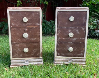Antique Pair of Nightstands  3 drawers Paint Stained Art Deco Lock Key End Tables Chest Cabinet Shabby Chic