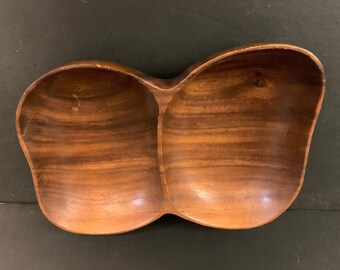 Vintage Wood Divided Bowl Serving Dish Handmade Philippines Boho Asymmetrical