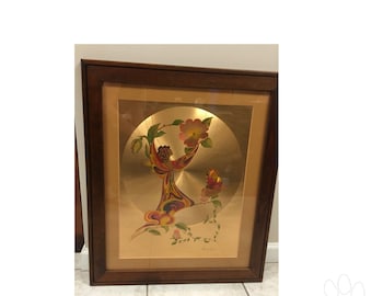 70's Foil Art "Rose Nymph" Michelle Emblem Butterfly Lady in a Dress Rose Art Deco Psychedelic Colors Wood Frame Boho Picture Fairy Pixie