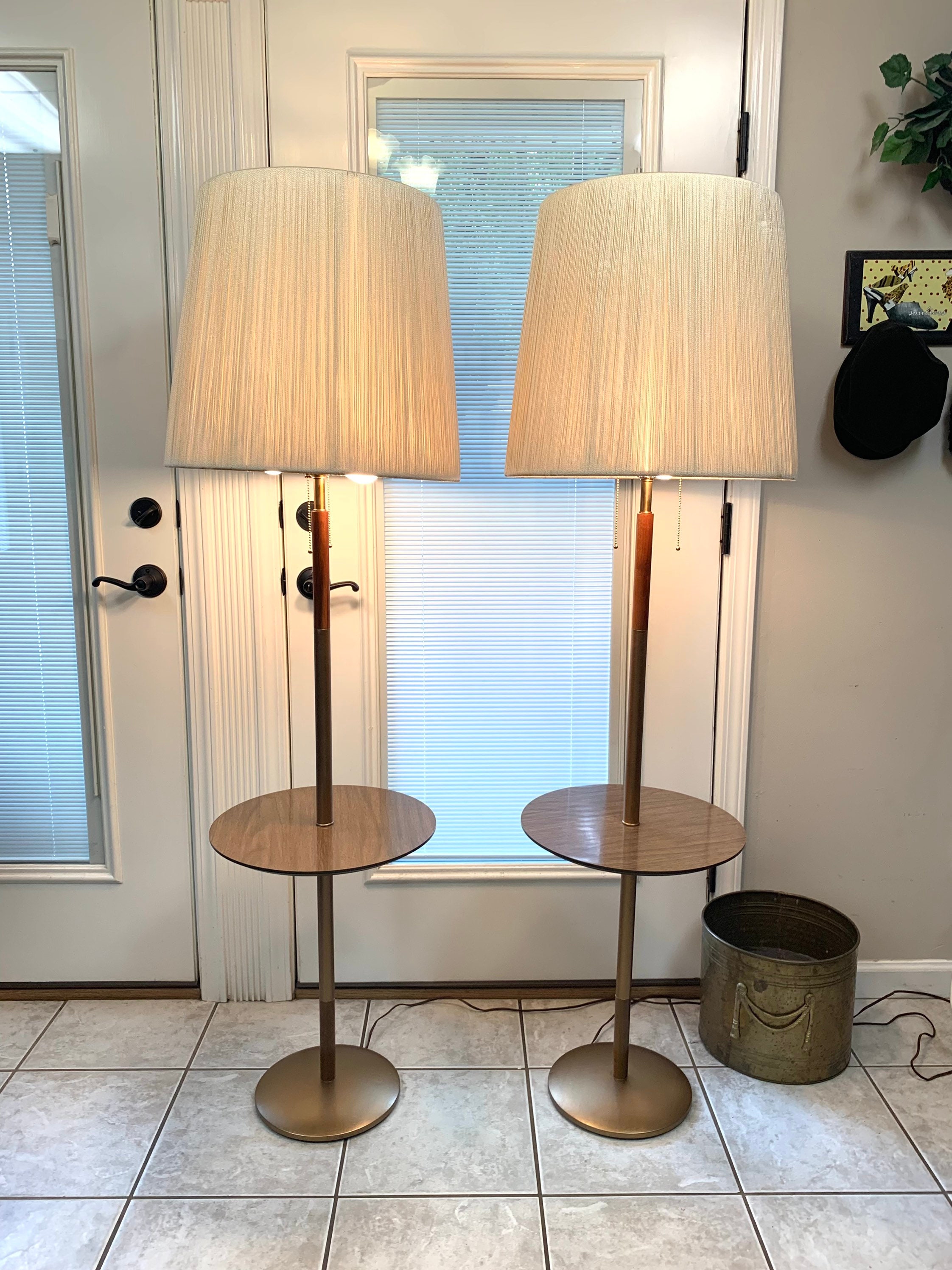 Pair of MCM Table Floor Lamps Formica Teak Wood Metal Gold
