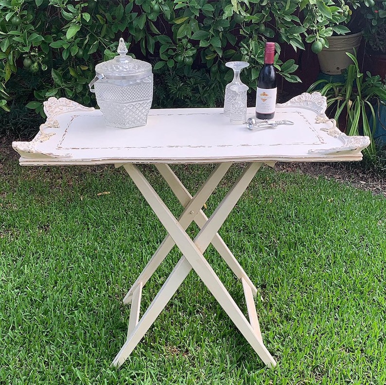 Butler Tray Table Serving Wood Folding Stand Bar Buffet Foyer Painted White Distressed Large French Provincial