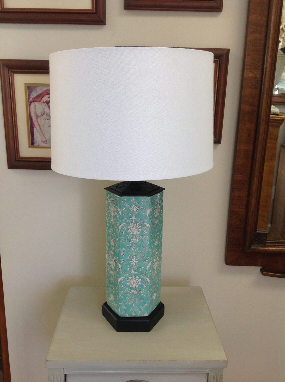 Asian Chinoiserie Table Lamp Green Metal Vintage Column Etsy