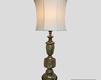 Monumental Brass Asian Chinoiserie Table Lamp James Mont Style Vintage Wood Hollywood Regency