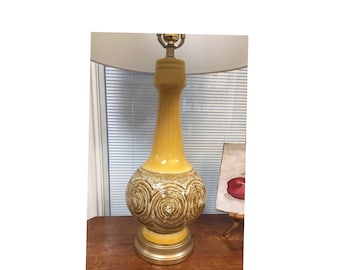 Hollywood Regency Mid Century Pottery Ceramic Table Lamp Yellow Vintage Lighting Danish Modern
