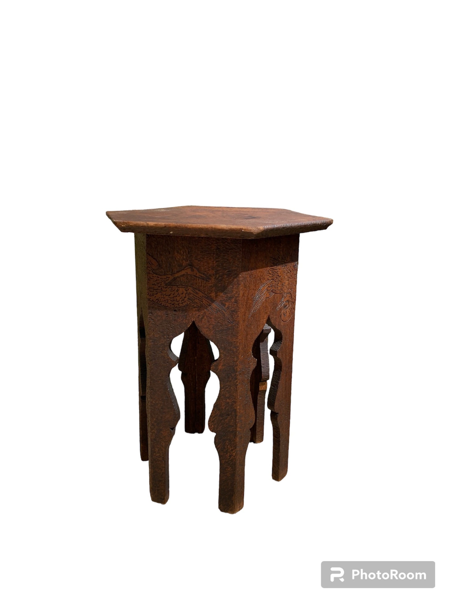 Antique Wood Hexagonal Pyrography Carved Asian Moorish Table Plant ...