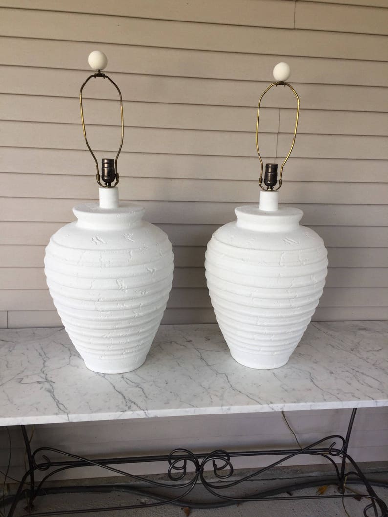 Post Modern Pair Of Large Pottery Plaster Table Lamps Ginger Jar Faux Stone Palm Beach Textured 80 S Lamp Lighting