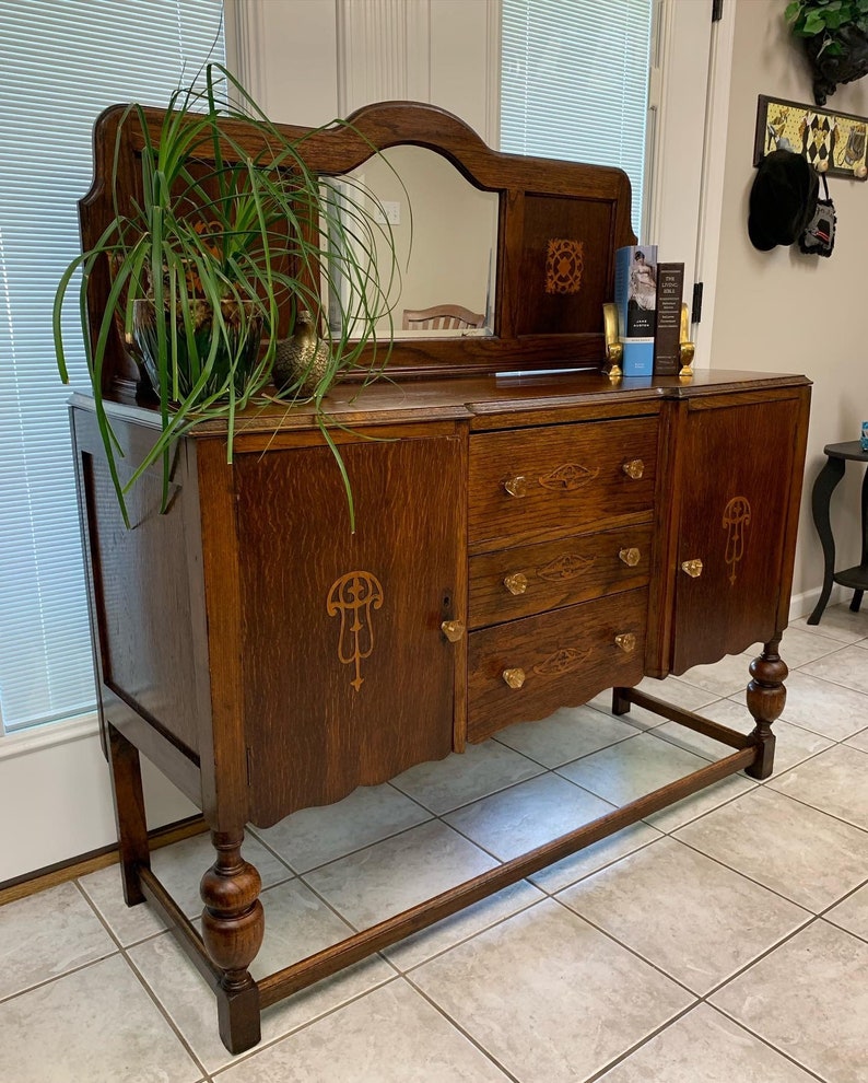 Antique Tiger Oak Wood Sideboard Buffet English Large Drawers Etsy