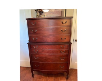 Antique Dixie Mahogany Chest on Chest Highboy Tall Bow-front Brass Hardware Wheels Wood Dovetail Drawers