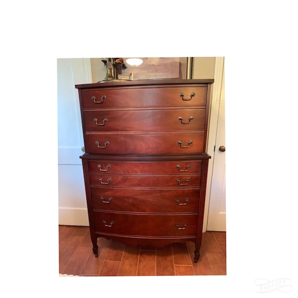 Antique Dixie Mahogany Chest on Chest Highboy Tall Bow-front Brass Hardware Wheels Wood Dovetail Drawers