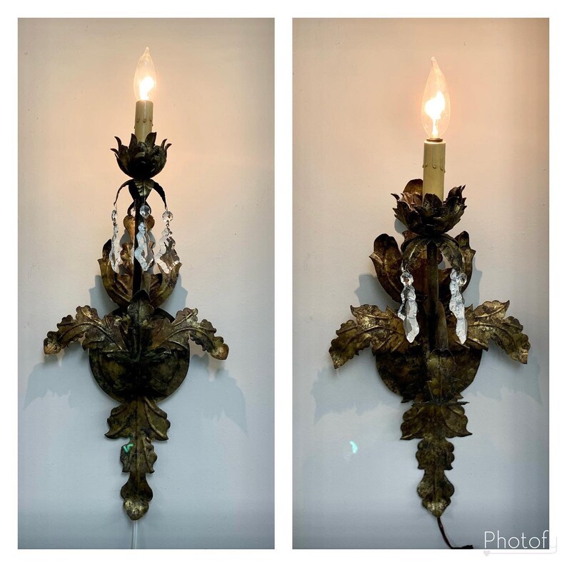 Large Pair of Spanish Colonial Wall Sconces Tin Crystal Acanthus Leaf