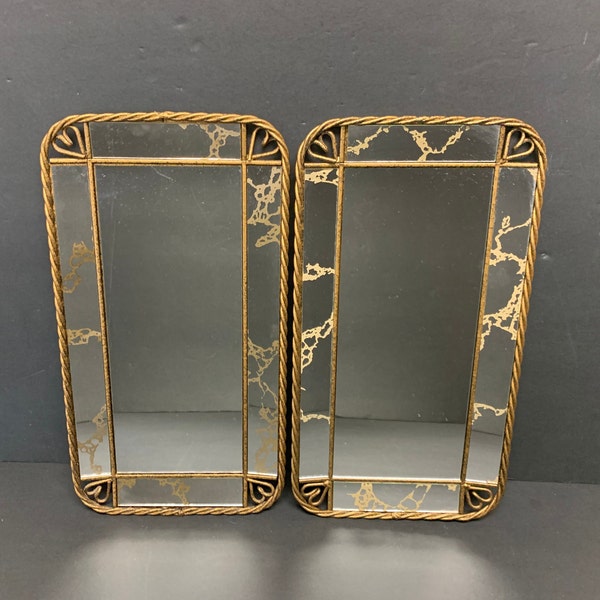 Pair Vintage Gold Veined Glass Mirror Metal Framed Wall Heart Hollywood Regency