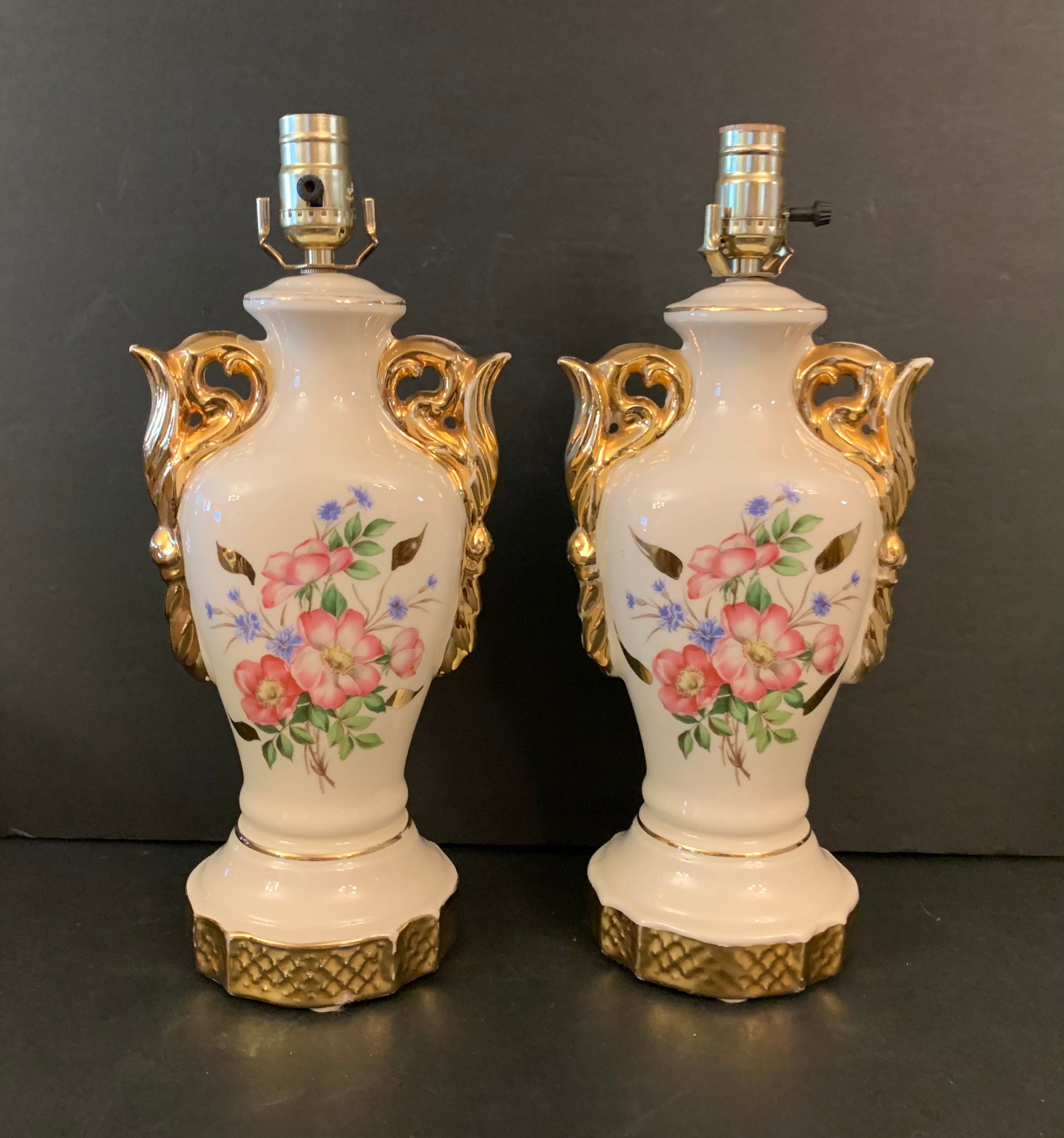 Pair of Antique Ceramic Table Lamps Floral Hand Painted Beige Pink ...