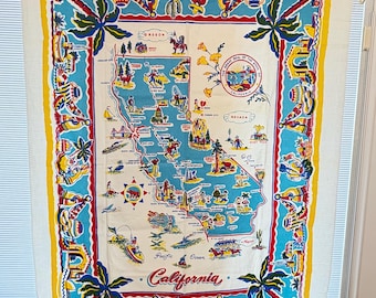 Vintage Tablecloth California Tourist Map Large Yucca Print Vivid Colors