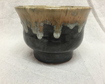Vintage Handmade Pottery Bowl Dish Green Brown Drip Glaze Signed Mid Cendtury Modern