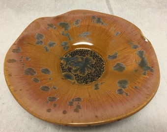 Art Pottery Fluted Bowl/Dish Green Orange Leaves Handmade Mid Century