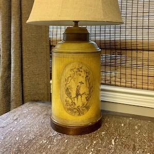 Chinoiserie Tea Canister Lamp Ginger Jar Vintage Large Yellow Gold Hand Painted Asian Hollywood Regency