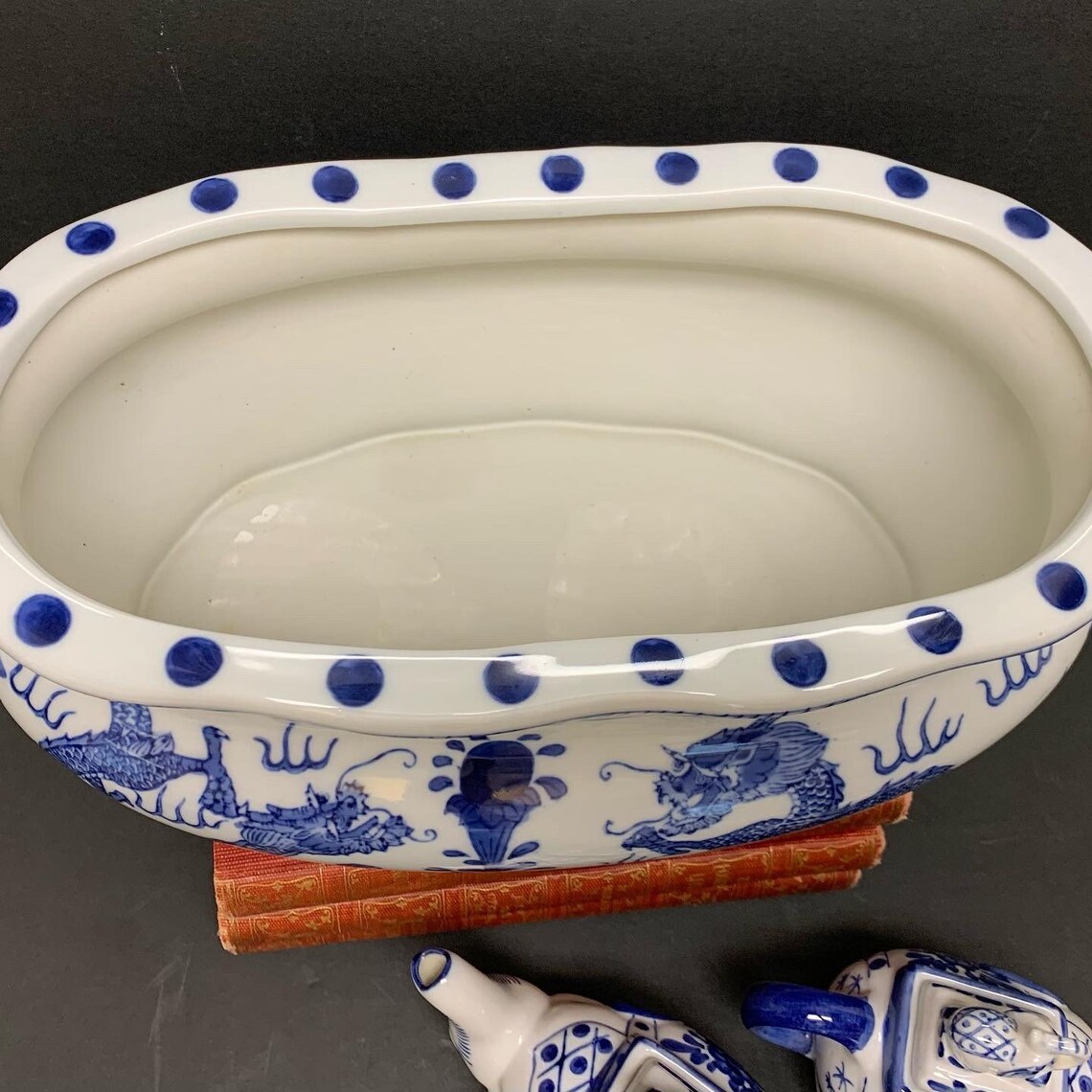 Blue White Oval Orchid Pot Jardiniere Planter Chinoiserie Foot Bath