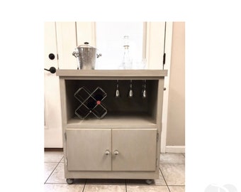 Wood Bar Liquor Cabinet Cart on Wheels Painted Grey Chrome Wine Rack Glass Drinks Beverage