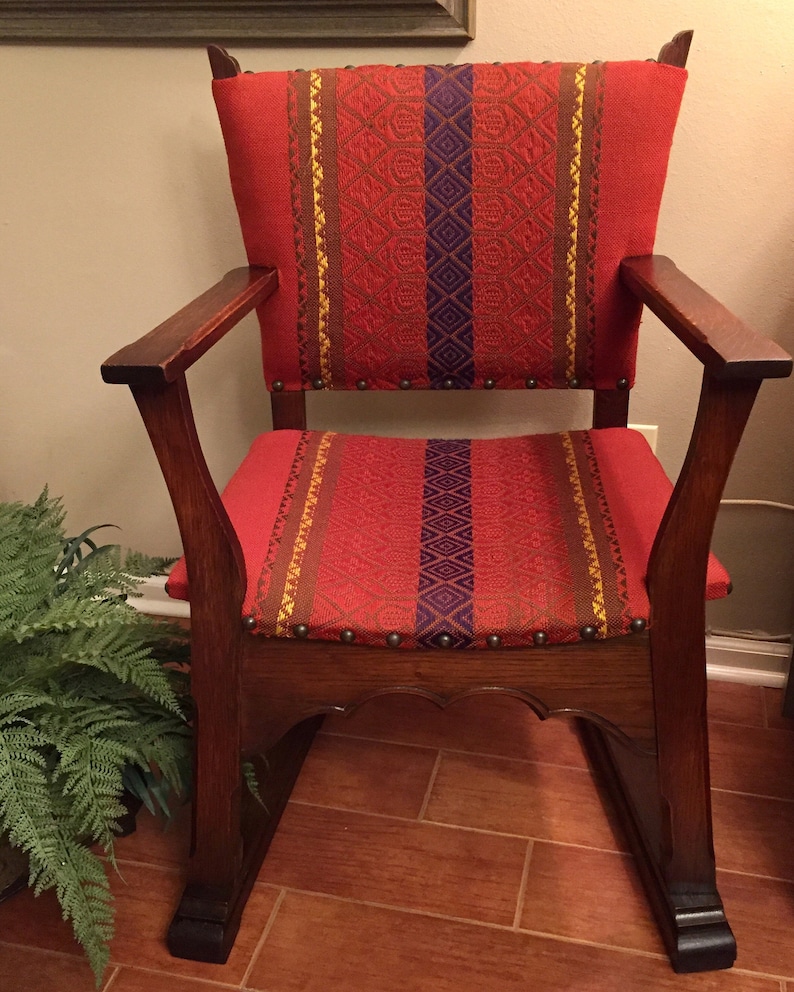 Antique Oak Wood Chair Spanish Revival Colonial Jacobean Kilim Style