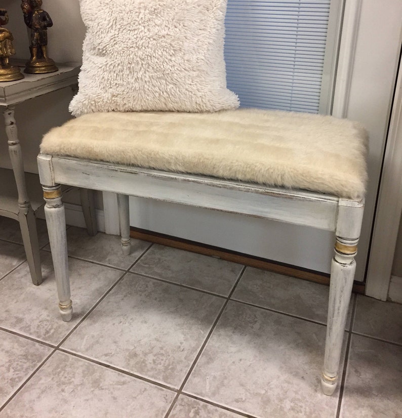 Piano Vanity Bench Stool Faux Fur Seat Vintage Hand Painted Image 0