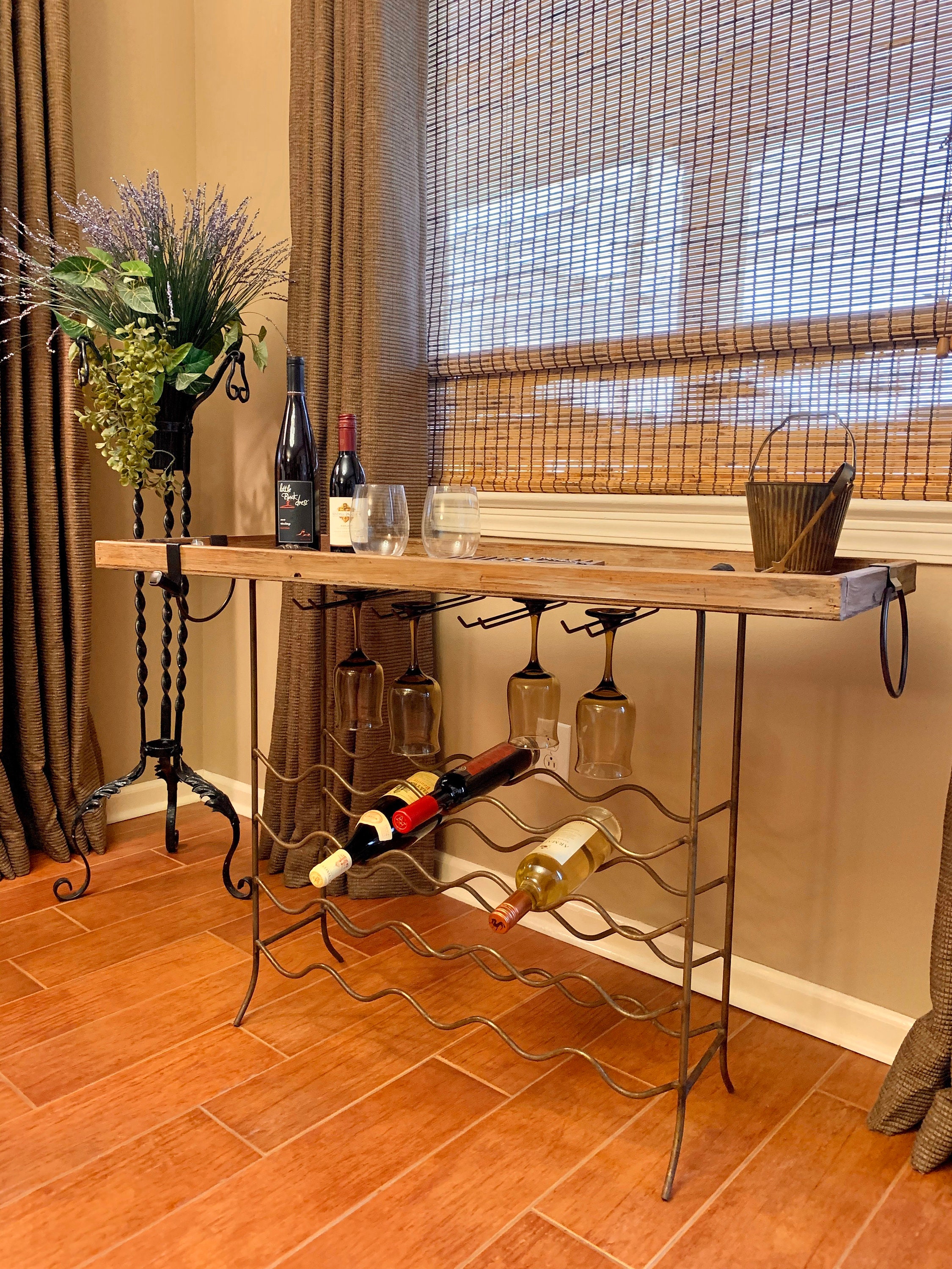 Wood Iron Bar Table Stand Wine Rack Glasses Bottles Bathroom Etsy