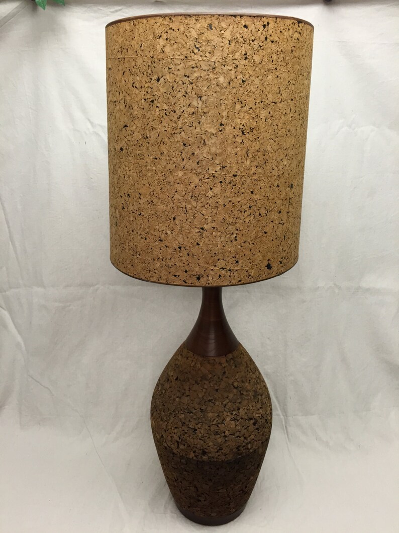 Large Boho Cork Walnut Teak Table Lamp Retro Mod Mid Century Modern Lampshade 70 S