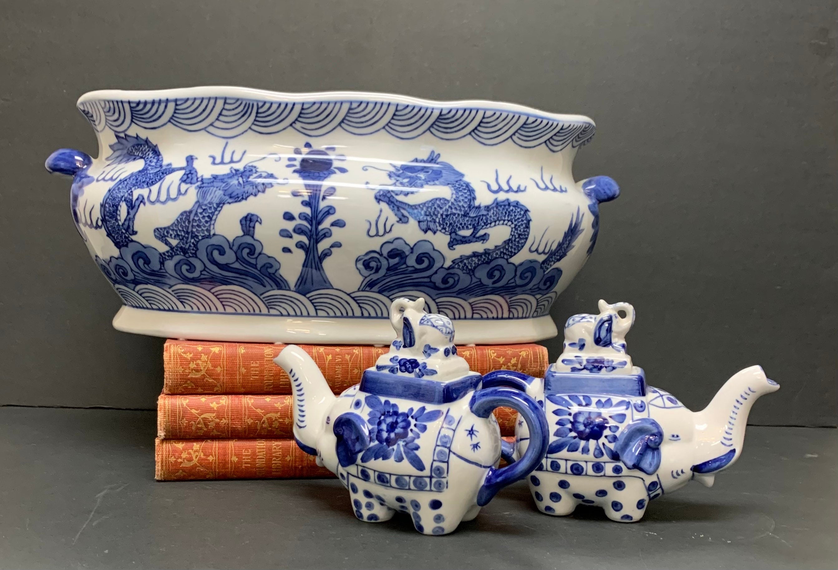 Blue White Oval Orchid Pot Jardiniere Planter Chinoiserie Foot Bath