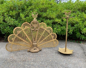 Matching Pair Brass Peacock Fireplace Screen Umbrella Stand Hollywood Regency Dolphin Vintage Chinoiserie Folding