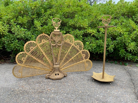 Matching Pair Brass Peacock Fireplace Screen Umbrella Stand
