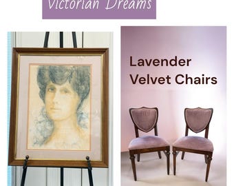 Vintage Pair Wood Lavender Velvet Dining Desk Vanity Chairs Shield Back