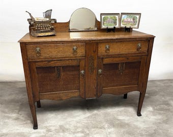 Antique Tiger Oak Wood Sideboard Buffet Drawers Cabinet Mirror Gallery Lion Head Hardware Art Deco