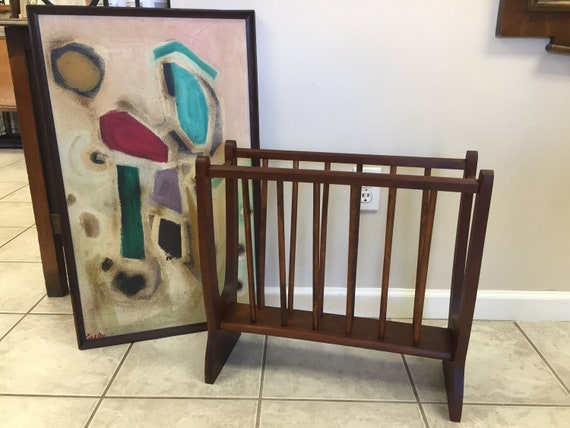 MCM Magazine Rack Holder Atomic Scheibe Teak/walnut? Wood Spindle