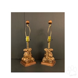 Pair Acanthus Leaf Table Lamps Vintage Hollywood Regency Gold Wood
