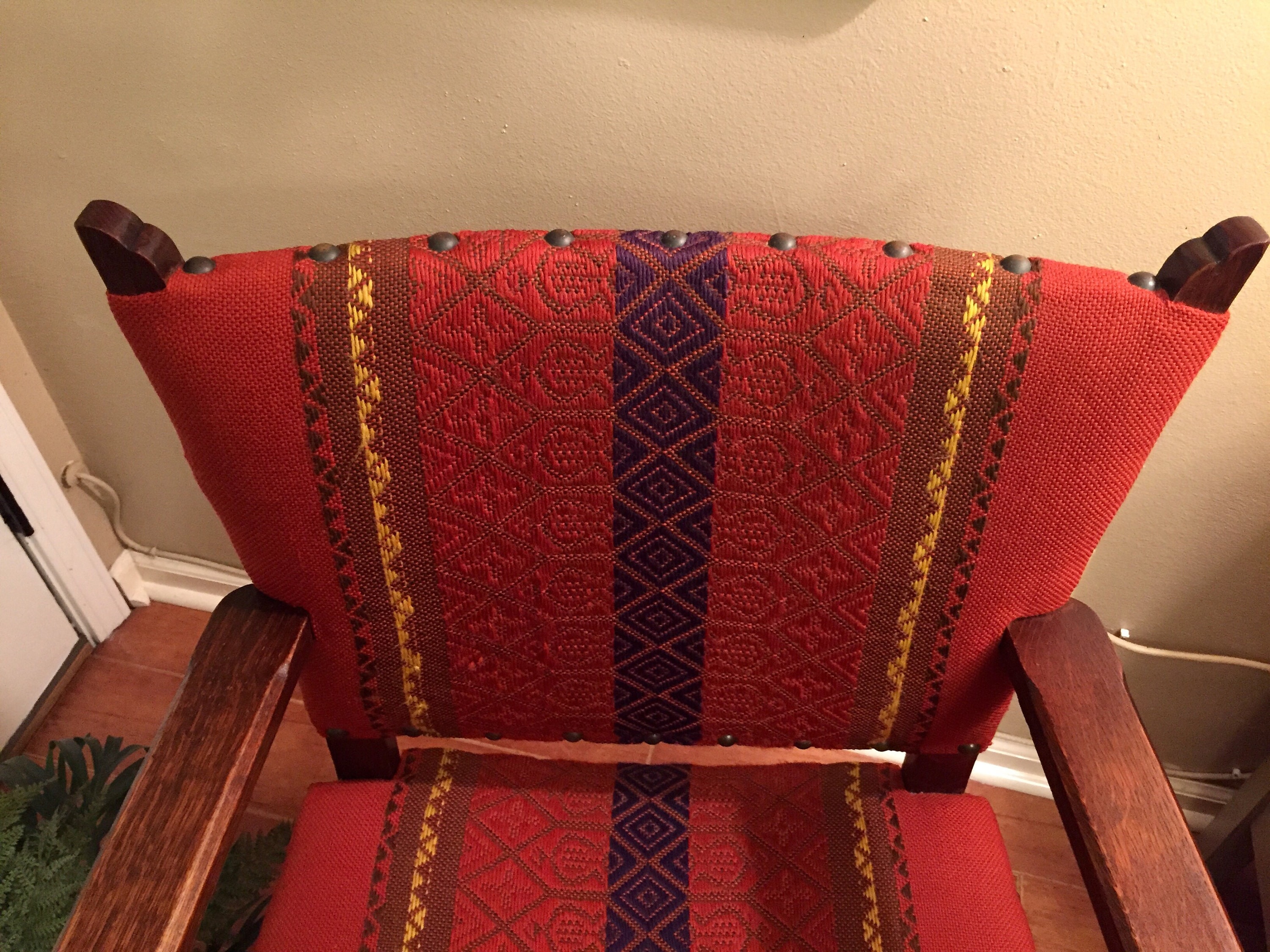 Antique Oak Wood Chair Spanish Revival Colonial Jacobean Kilim Style