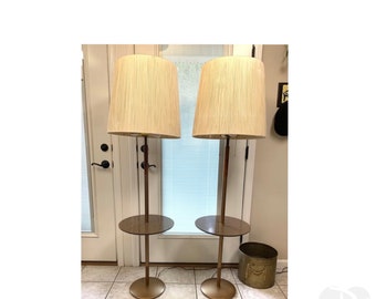 Pair of MCM Table Floor Lamps Formica Teak Wood Metal Gold Lampshades Vintage Atomic