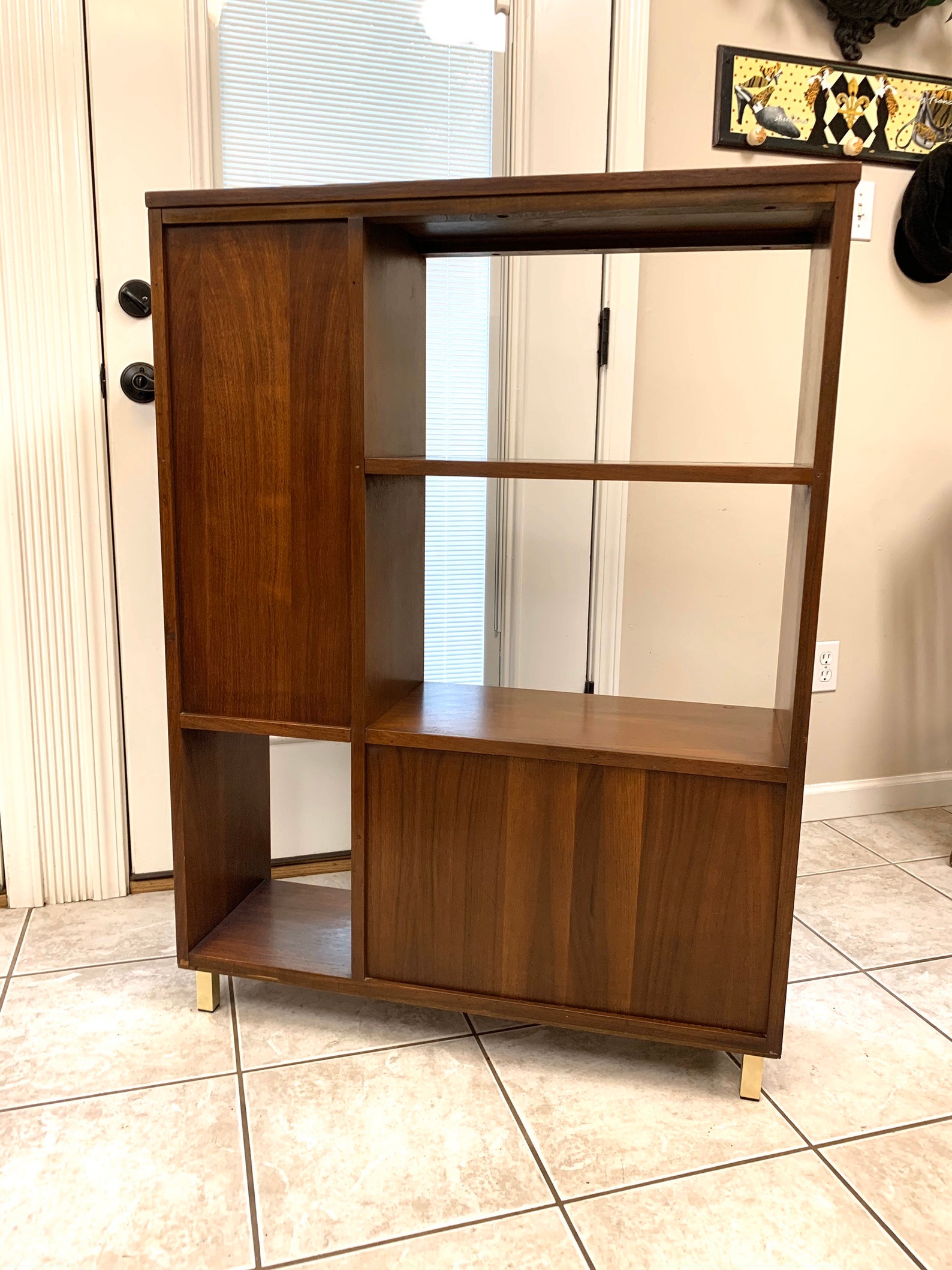 MCM Wood Bookcase Etagere Rare Modern Walnut or Teak Brass Leg