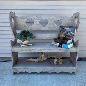 Wood Bench Settle Shelf Weathered 80s Hearts Children Nursery Foyer Rustic Mudroom Handcrafted
