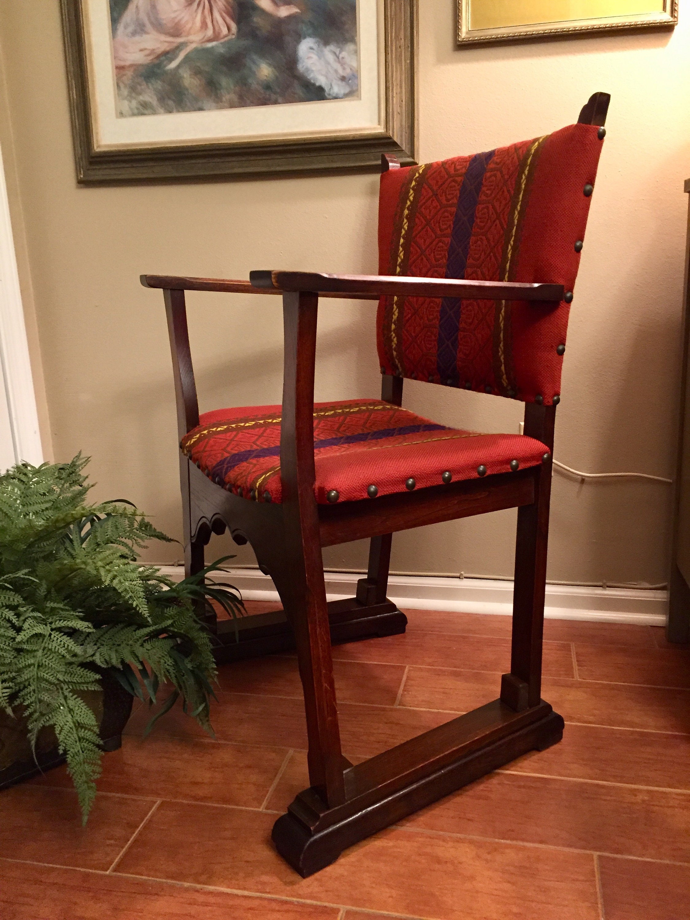 Antique Oak Wood Chair Spanish Revival Colonial Jacobean Kilim Style