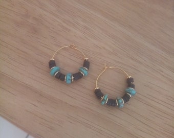 Boho chic surfer hoop earrings, turquoise bead, polymer clay heishi, fine gold-plated beads and stainless steel hoop