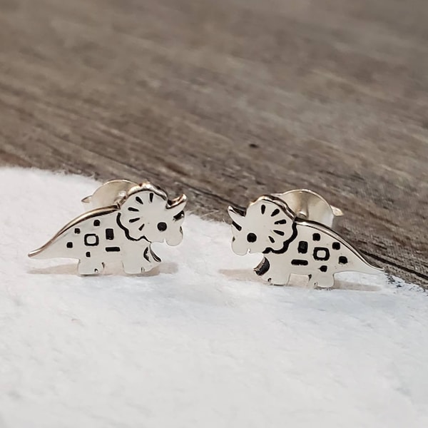 Silver Dinosaur Ear Studs 925 Sterling Silver | Triceratops Dino Earrings Hipster Jewelry Stud Earring Silver Earrings Nature