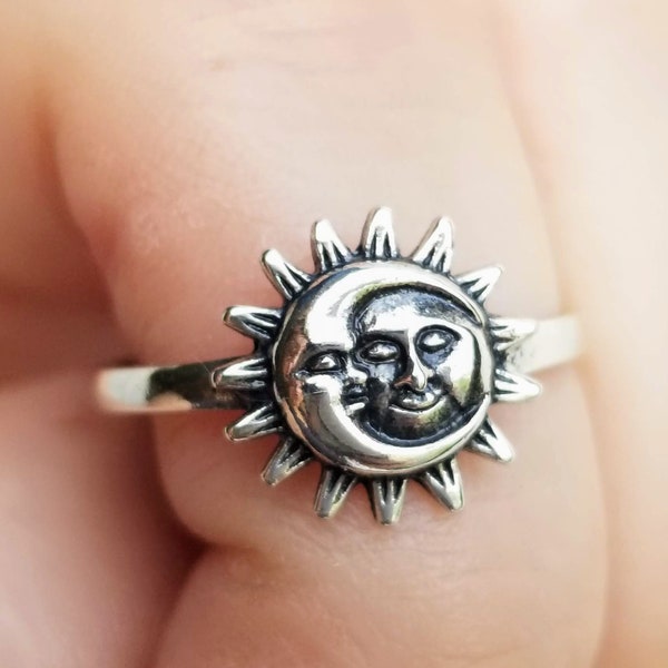 Silver Sun Moon Ring | 925 Sterling Silver Ring | Boho Jewelry | Boho Ring | Crescent Moon | Celestial Jewelry | Gift for Her | Moon Ring