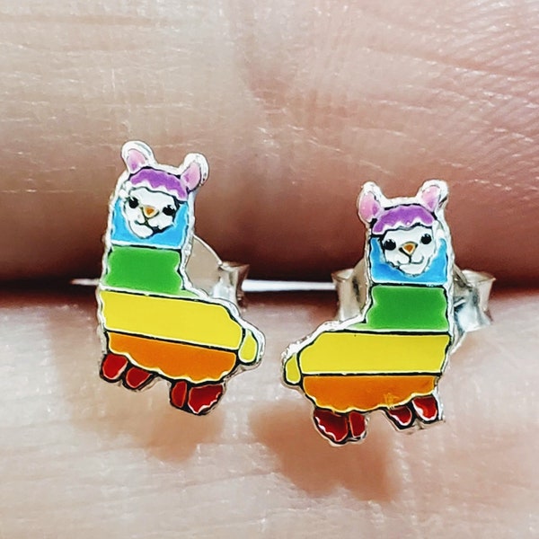 925 Sterling Silver Llama Rainbow Stud Earrings | Alpaca Earrings Gay Pride Rainbow Marriage Equality Rainbow Stud Rainbow Earrings Jewelry