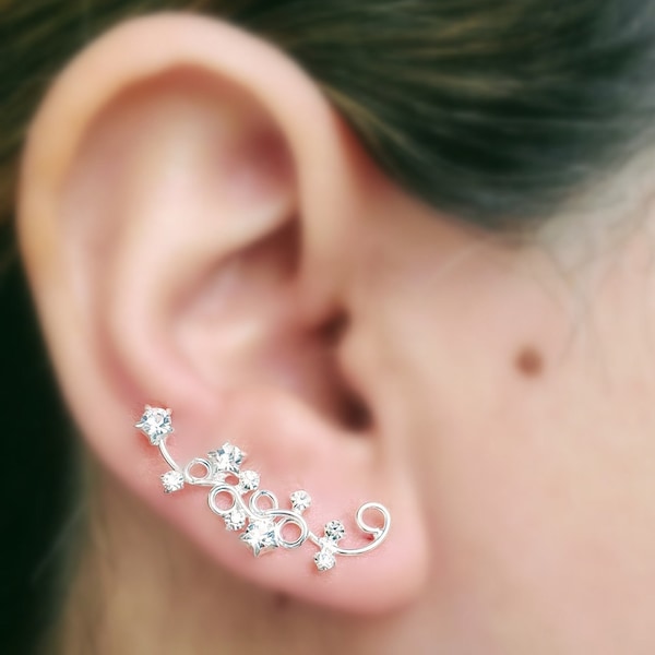 Swirl Cubic Zirconia Ear Climbers Earrings Hypoallergenic Crystal Ear Crawler Ear Wrap Bridal Earrings Ear Cuff Earrings Boho Earrings