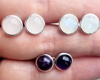 Moonstone Stud Earrings Rainbow Moonstone Amethyst Rose Quartz for Women Silver Earrings Boho Earrings