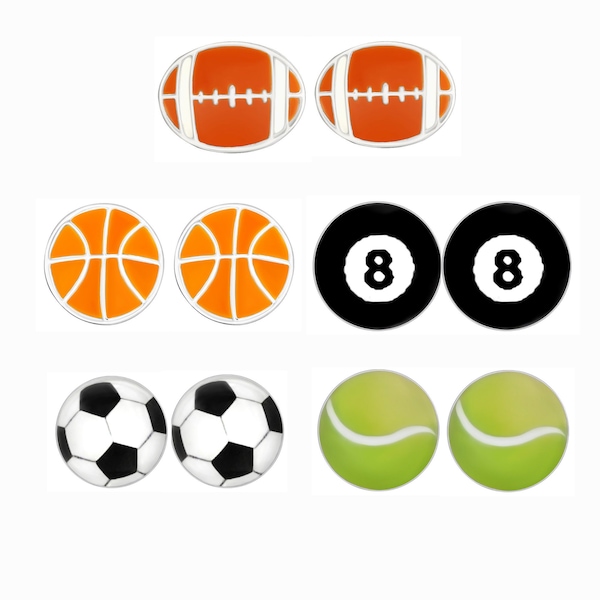 925 Sterling Silver Sports Soccer Baseball Basketball Football Tennis Eight Ball Futbol Print Stud Earrings Earrings Post Earring Earrings