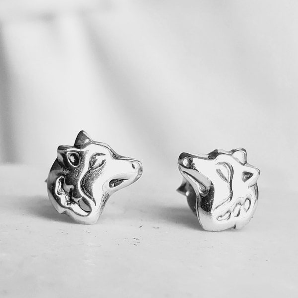 Silver Wolf Ear Studs Earrings 925 Sterling Silver | Wolf Earrings Wolf Jewelry Stud Earring Silver Earrings Nature