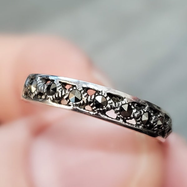 Silver Marcasite Ring Stackable Band Ring 925 Sterling Silver Love Ring Gift for Her Vintage Style Ring