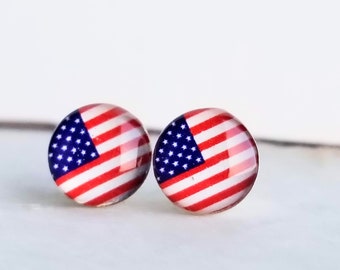 925 Sterling Silver Patriotic Print Stud Earrings Red White Blue 4th of July Earrings Post Earring Statement Tiny Earrings Girls Lightweight